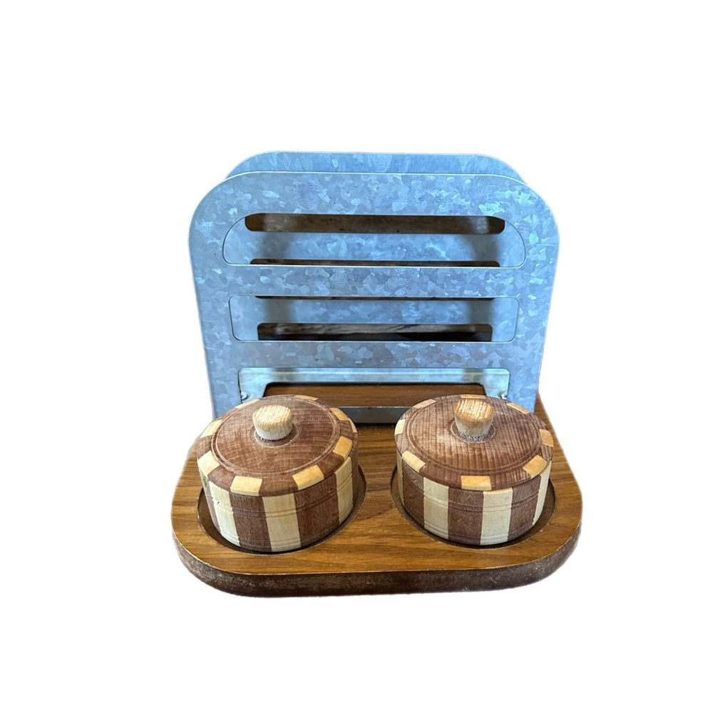 Vintage Wood & Metal Rustic Napkin & Condiment Holder Hand Crafted 8” x 6”